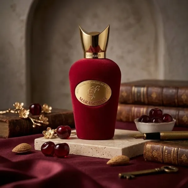 Sospiro Maraschino Eau de Parfum bottle with gold cap and red velvet cover.