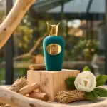 Teal perfume bottle with gold cap and emblem, displayed on a wooden stand in a natural setting.