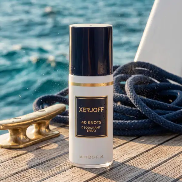 XERJOFF 40 Knots deodorant spray bottle on a boat deck with ocean background and nautical ropes.