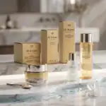Clé de Peau Beauté skincare gift set with serum, eye cream, and lotion.