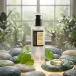 Advanced Snail 96 Mucin Power Essence skincare product displayed on stones with natural elements.