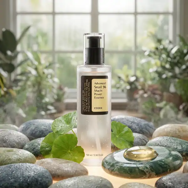 Advanced Snail 96 Mucin Power Essence skincare product displayed on stones with natural elements.