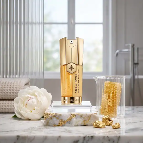 Elegant gold perfume bottle with intricate design and branding.