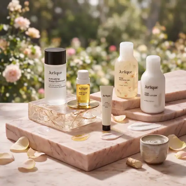 Luxurious skincare and perfume products displayed outdoors on marble with flower background.