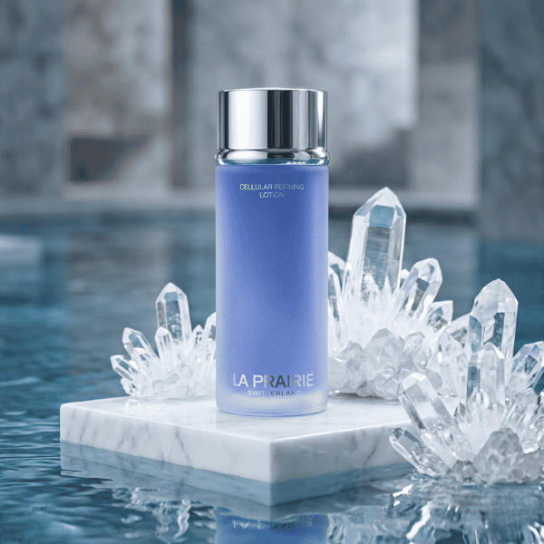Luxury skincare product in a sleek blue bottle surrounded by ice crystals.