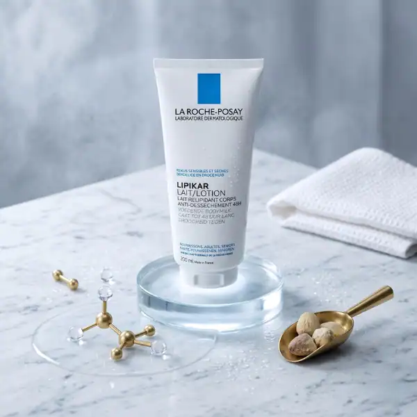 La Roche-Posay Lipikar Lait nourishing body lotion for sensitive and dry skin, displayed on marble w.