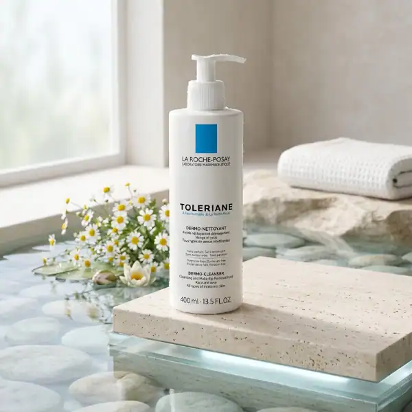 La Roche-Posay Toleriane Dermo-Cleanser bottle on a relaxing spa surface with flowers.