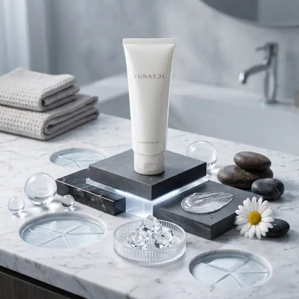 LUNASOL skincare product displayed on a luxurious marble bathroom countertop with stones and a daisy.