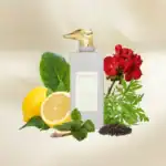 Trussardi Le Vieux de Milano perfume bottle with lemon, herbs, and red flowers.