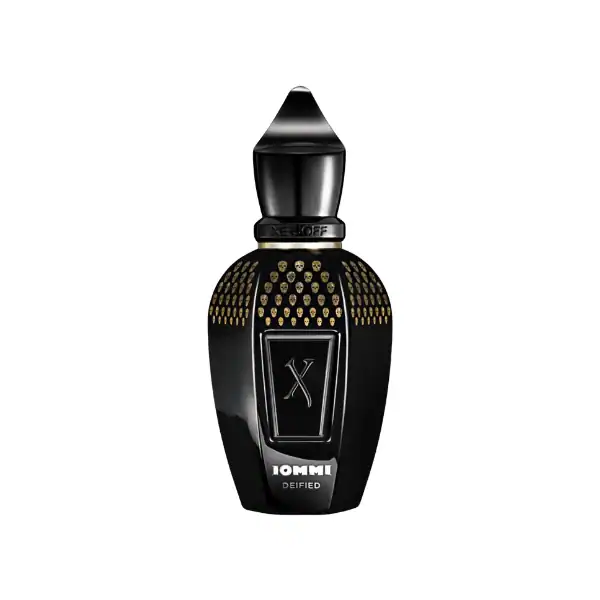Xerjoff 10MM Deified fragrance bottle, elegant black design with gold accents, perfect for sophistic.