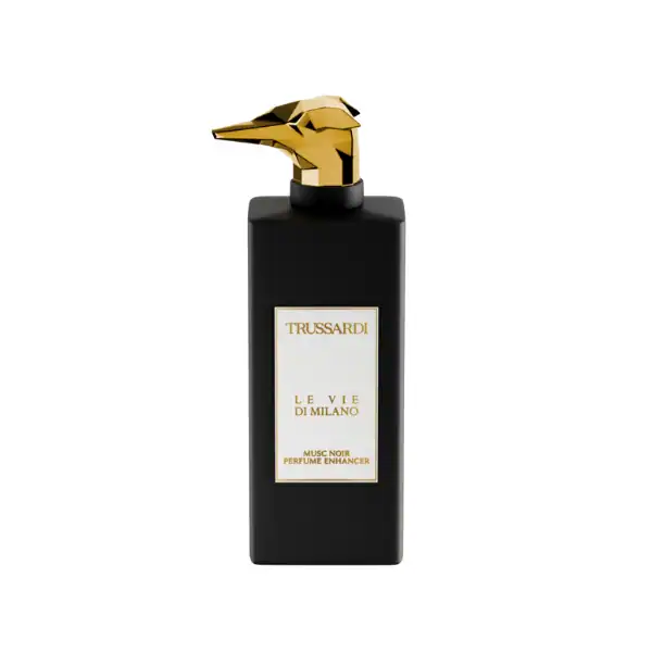Trussardi Le Vie di Milano perfume bottle with a gold dog head cap, luxury fragrance accessory.