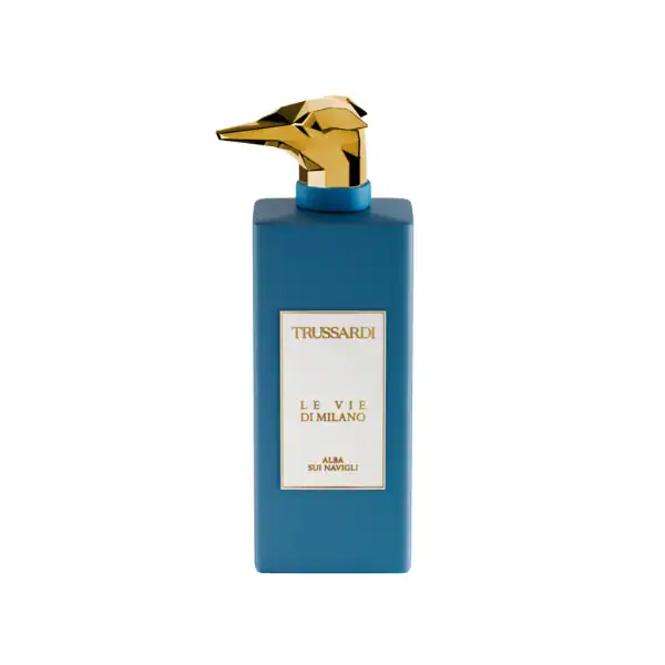 Trussardi Le Vie Di Milano Alba Sui Navigli fragrance bottle with a gold dog-shaped cap.