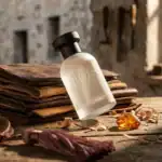 Bois 1920 Classic 1920 fragrance bottle with wooden cap, displayed on rustic leather-bound books.