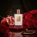 Love Tilan perfume bottle with gold cap, set among roses and pomegranate, showcasing elegance and lu.
