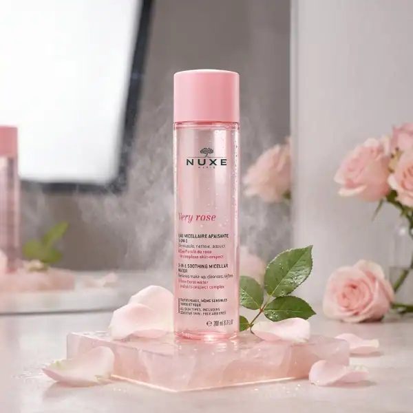 Nuxe soothing micellar water bottle for sensitive skin, gentle and effective skincare.