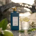 Elegant blue perfume bottle with a gold animal-shaped cap next to a glass of lemon-infused water on.