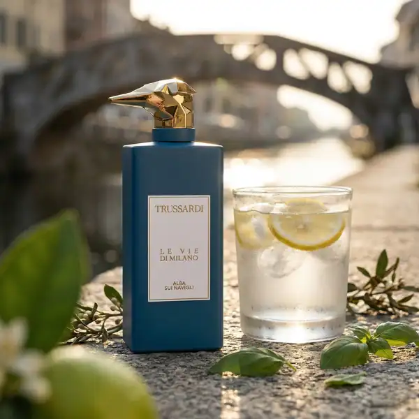 Elegant blue perfume bottle with a gold animal-shaped cap next to a glass of lemon-infused water on.