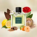Guerlain Vetiver fragrance bottle with natural elements and flowers.