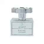 Almaz by Kajal fragrance bottle with a silver cap and a decorative top.