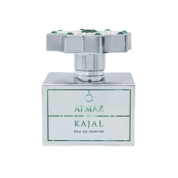 Almaz by Kajal fragrance bottle with a silver cap and a decorative top.