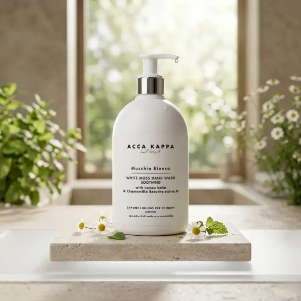 ACCA KAPPA White Moss Hand Wash bottle with chamomile, on a marble surface near a window.