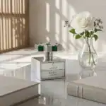 Almaz Kajal fragrance bottle with green accents and floral cap.