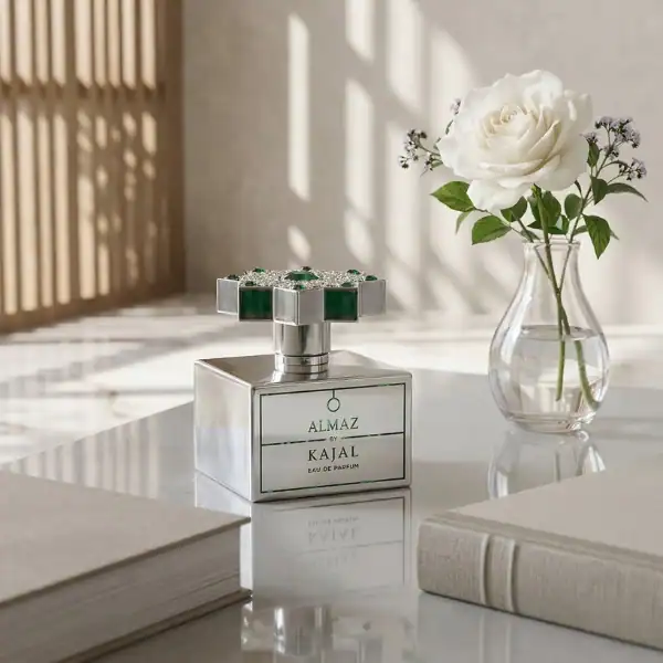 Almaz Kajal fragrance bottle with green accents and floral cap.