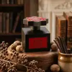Elegant fragrance bottle with a red and black design, displayed on a wooden surface with natural ele.