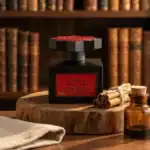 Joorie Kaial fragrance bottle with cinnamon sticks and essential oil on wooden surface.