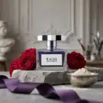 Kajal perfume bottle with red roses and powder on a stone surface.