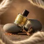 Aubusson fragrance bottle with black cap on smooth stones and cinnamon sticks.