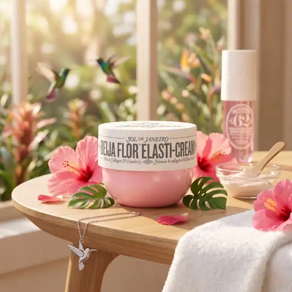 Elasti-Cream by Sol de Janeiro displayed on a wooden table with hibiscus flowers and tropical leaves.