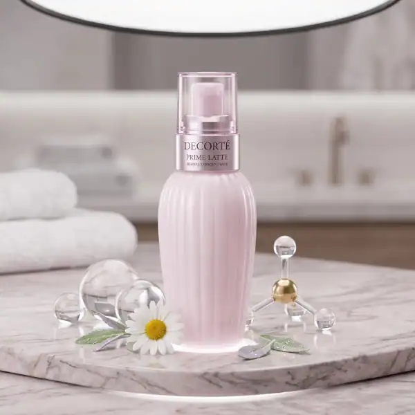 Decorté Prime Latte bottle with floral and glass decorative elements.