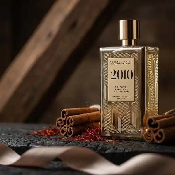 Rosendo Mateu 2010 Oriental Heritage Tradition fragrance bottle with cinnamon sticks and saffron.