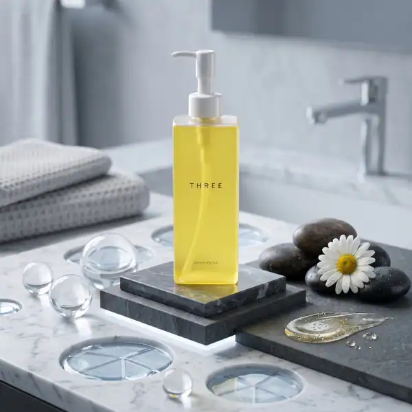 Elegant yellow skincare pump bottle with "THREE" branding on a marble bathroom countertop.