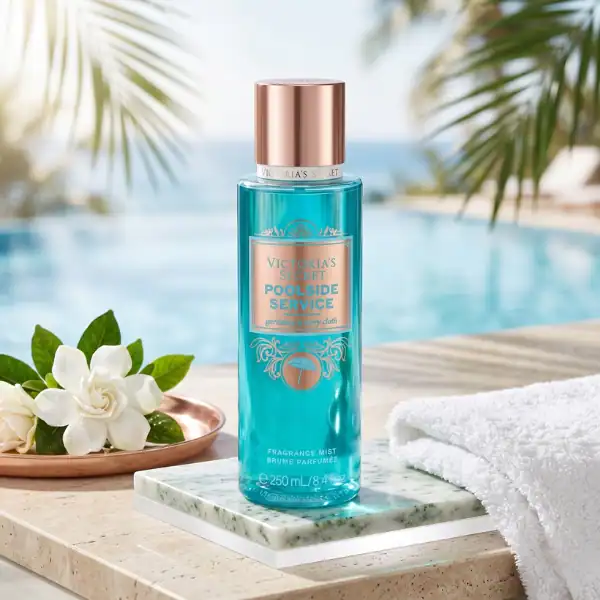 A luxurious fragrance mist in a blue bottle with a rose gold cap, ideal for refreshing your skin by.