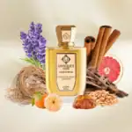 Unique'e Luxury Chocolate Makes Me Happy perfume bottle with lavender, cinnamon, grapefruit, and amb.