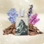 Alwa luxury fragrance bottle with floral accents and wood chips.