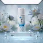Goku Jyun hydrating serum bottle with water droplets and white flowers, luxury skincare product.