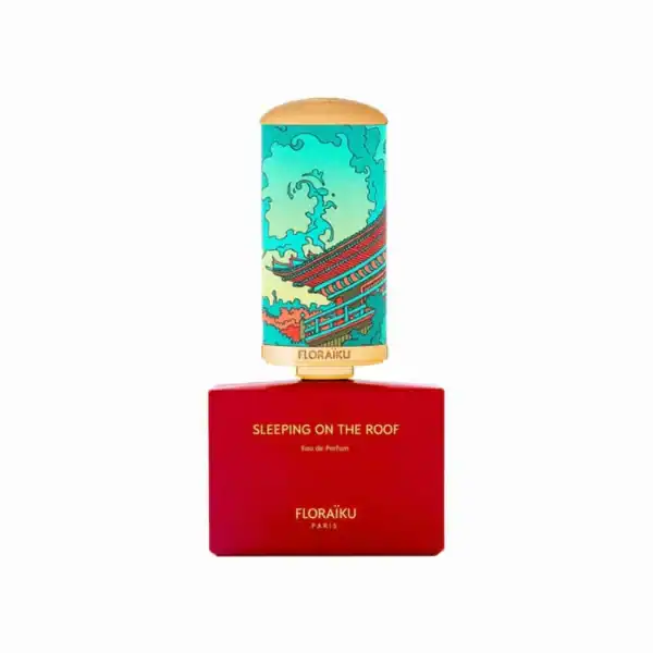 Floraiiku Sleeping on the Roof fragrance bottle, featuring a colorful illustration on the cap.