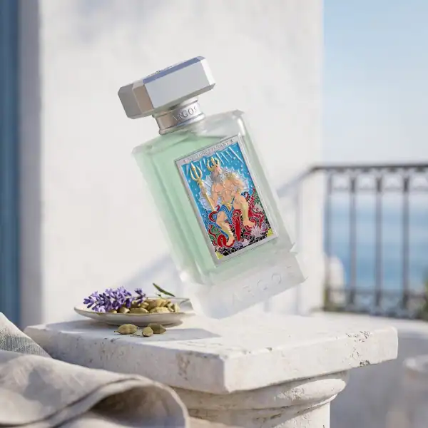 Argos Neptune's Trident Extrait de Parfum - A luxury fragrance bottle with oceanic artwork.