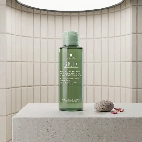 Biretix Oil Control Solution bottle for skincare, minimalist spa setting, clean background.