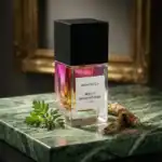 BohoBoco Magic Mushrooms fragrance bottle with black cap on marble surface.