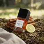 Bohoboco Wild Carrot Oud fragrance in a sleek bottle with a fresh lime slice, perfect for luxury sce.