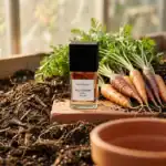 BohoBoco Wild Carrot Oud fragrance bottle with fresh carrots and greenery background.