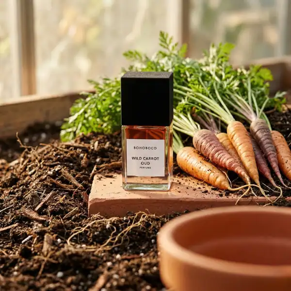 BohoBoco Wild Carrot Oud fragrance bottle with fresh carrots and greenery background.