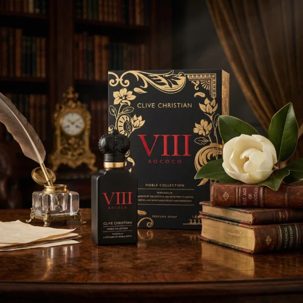 Clive Christian VII Rococo fragrance bottle with decorative box and vintage books.