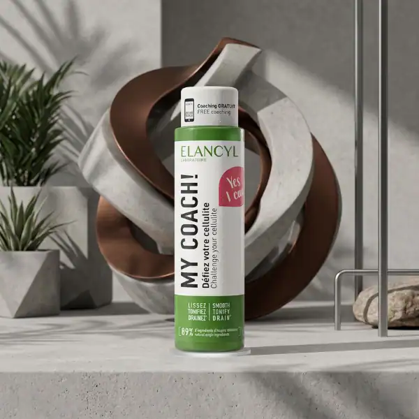 Elancyl My Coach dietary supplement bottle with modern abstract sculpture in the background.