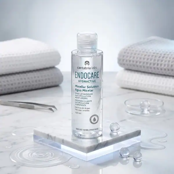 Endocare Hydractive Microalgae Solution bottle with skincare accessories on a marble surface.