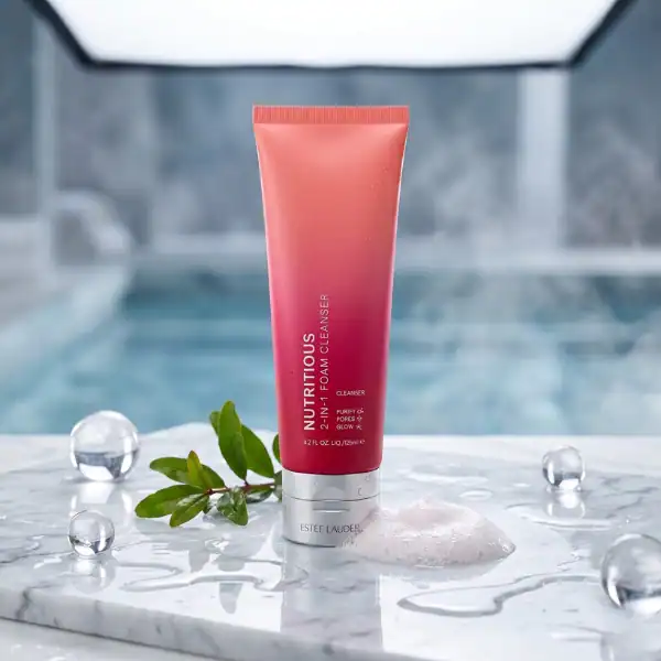 Luxurious pink facial cleanser in a sleek tube with natural elements and water droplets.